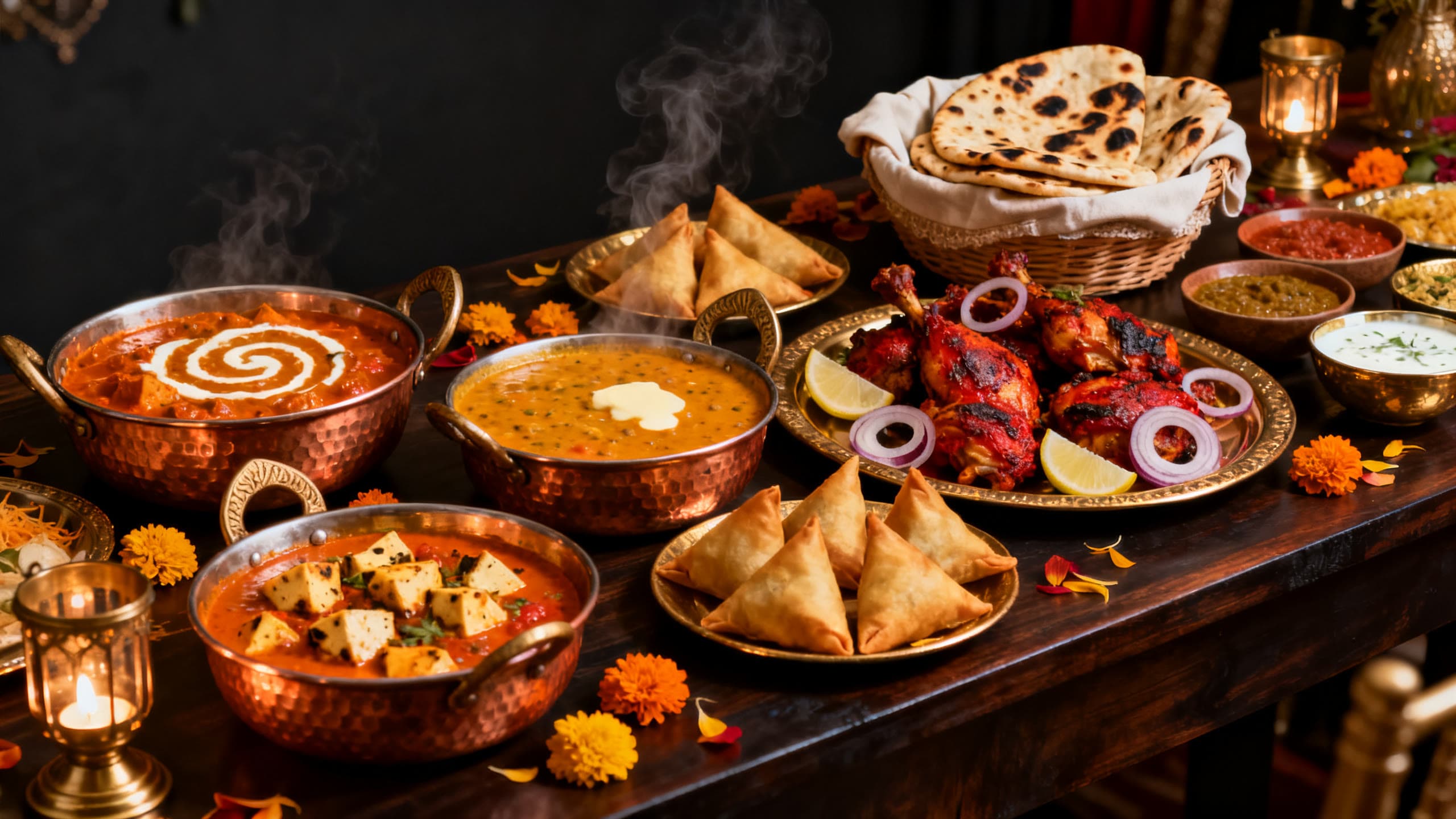 A lavish Punjabi feast: butter chicken, shahi paneer, tandoori platters, naan, and samosas in brass serveware