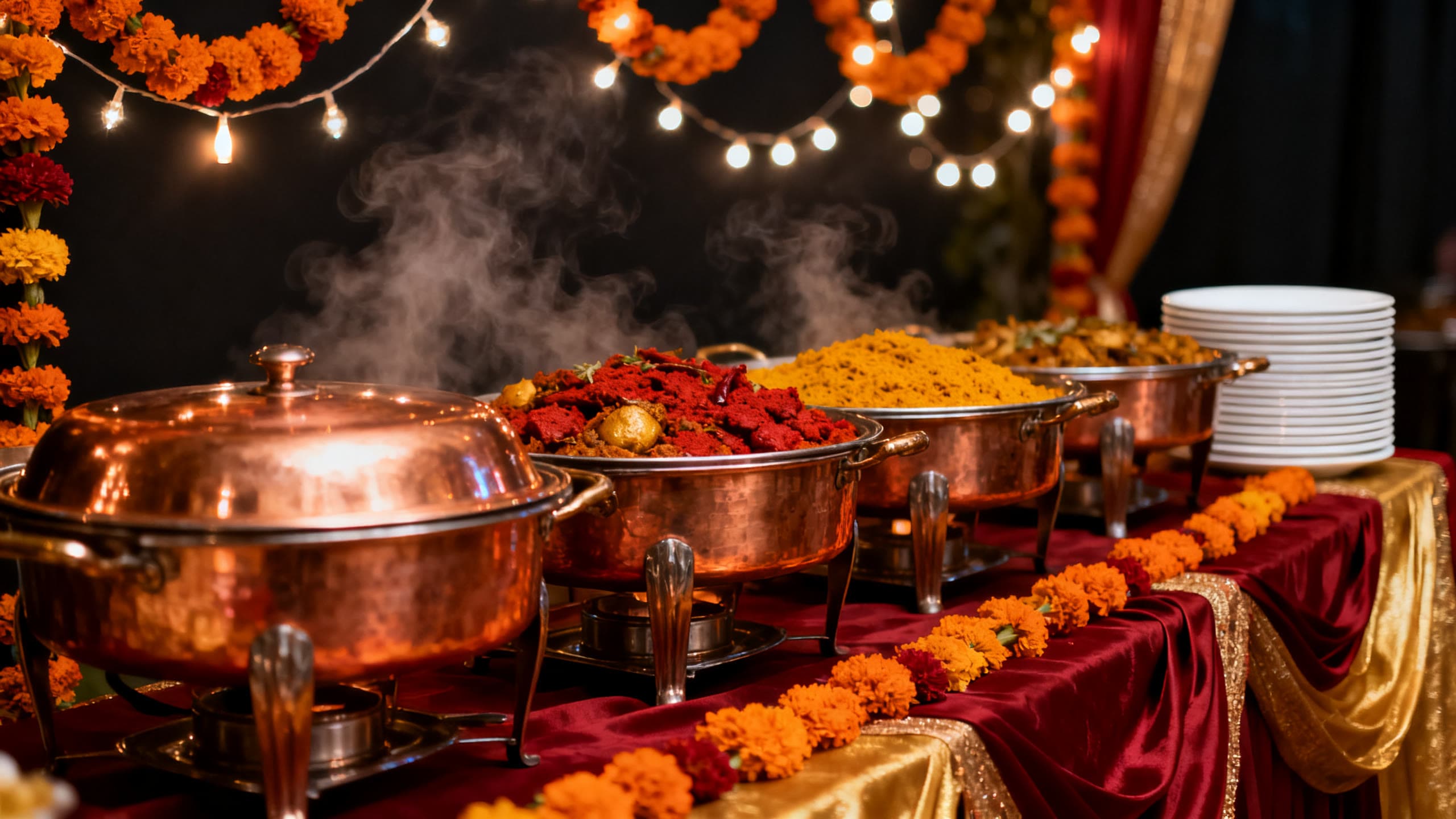 Copper chafing dishes and marigold garlands at an Indian wedding buffet