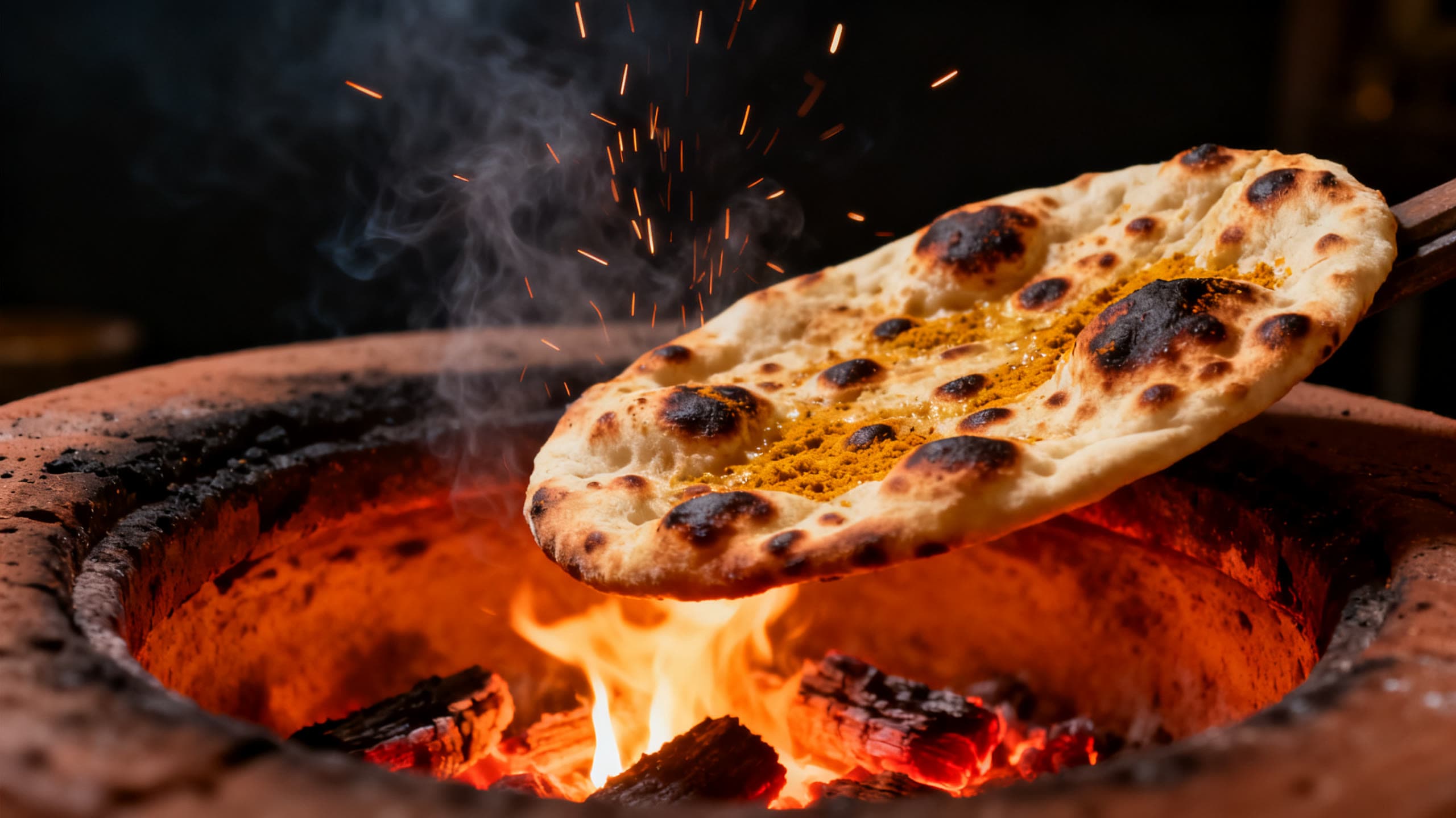 Fresh naan being lifted from a glowing tandoor oven
